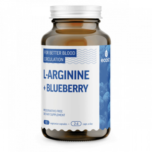 Ecosh L-Arginine With Blueberry Uztura batātinatājs L-arginīns ar mellenēm 90 kapsulas