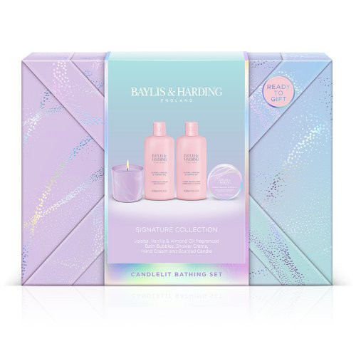 Baylis & Harding Jojoba, Vanilla & Almond Oil Gift Wrapped Candletlit Gift Set Grezns ķermeņa kopšanas komplekts