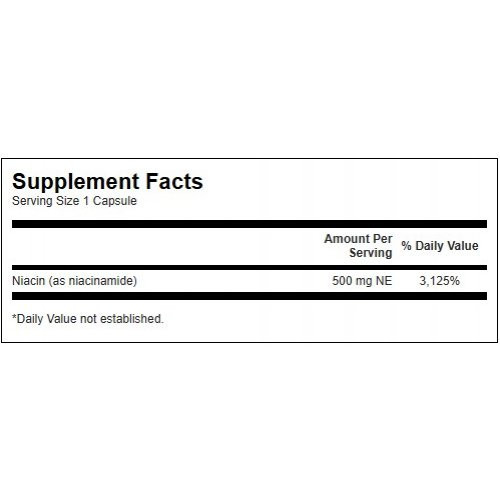 SWANSON Niacinamide 500mg Energy and Cardiovascular Support B3 vitamīns, niacīns 250 kapsulių