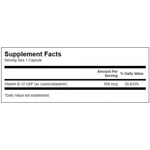 SWANSON Vitamin B12 500 mcg Energy and Metabolism Uztura bagātinātājs Vitamīns B12 100 kapsulas