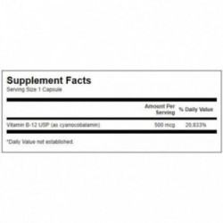 SWANSON Vitamin B12 500 mcg Energy and Metabolism Uztura bagātinātājs Vitamīns B12 100 kapsulas