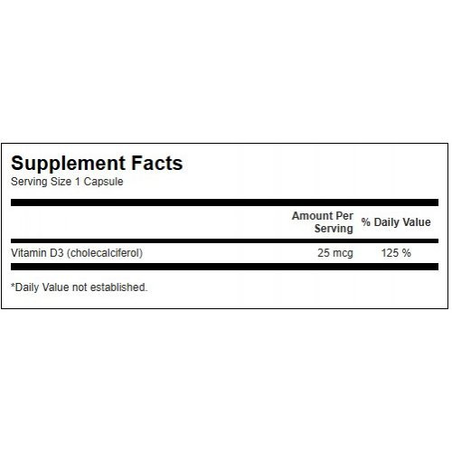 SWANSON High Potency Vitamin D3 1.000 IU (25mcg) Bone and Immune Health D3 vitamīns 250 kapsulių