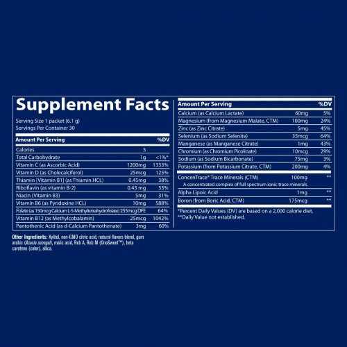 Trace Minerals Power Pak Essential Nutrient Support Elektrolīti ar C vitamīnu imunitātei un enerģijai 30x6.1g