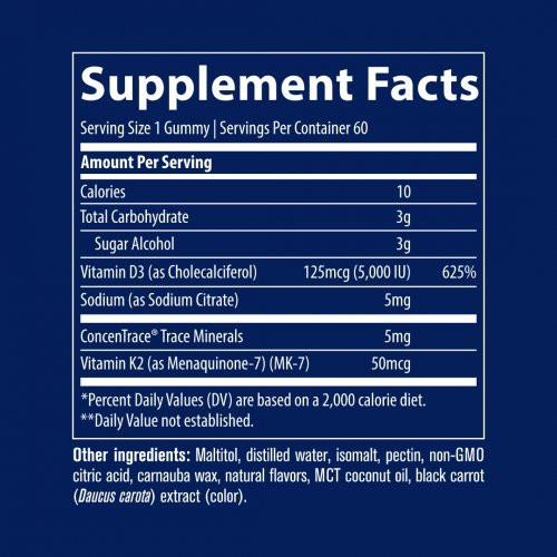 Trace Minerals Vitamin D3 + K2 Gummies D3+K2 vitamīns košļājamas gumijas veidā 60 Košļājamās tabletes