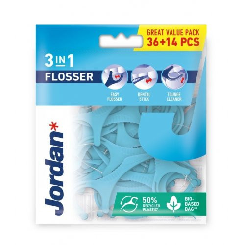 Jordan 3-in-1 Flosser Starpzobu diegs ar turētāju 36gab+14gab