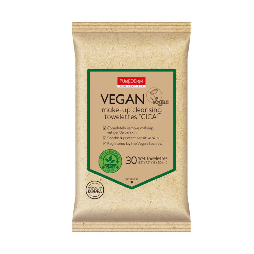 Purederm Vegan Make-Up Towelettes CICA Kosmētikas notīrīšanas salvetes, veganu 30gab.
