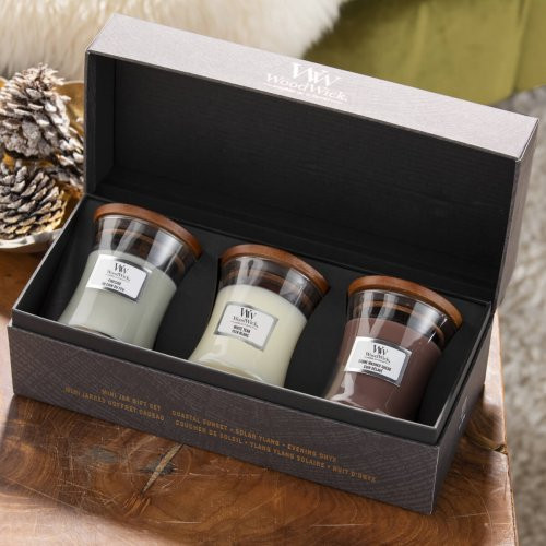 WoodWick Mini Core Fireside, White Teak, Sand & Driftwood Gift Set Sveču komplekts dāvanu kastītē 3 gab.